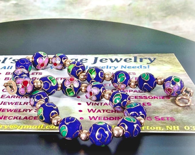 Cloisonne Bead and Ball Bracelet, 10K Yellow Gold, Blue Floral Beads, Vintage Bracelet