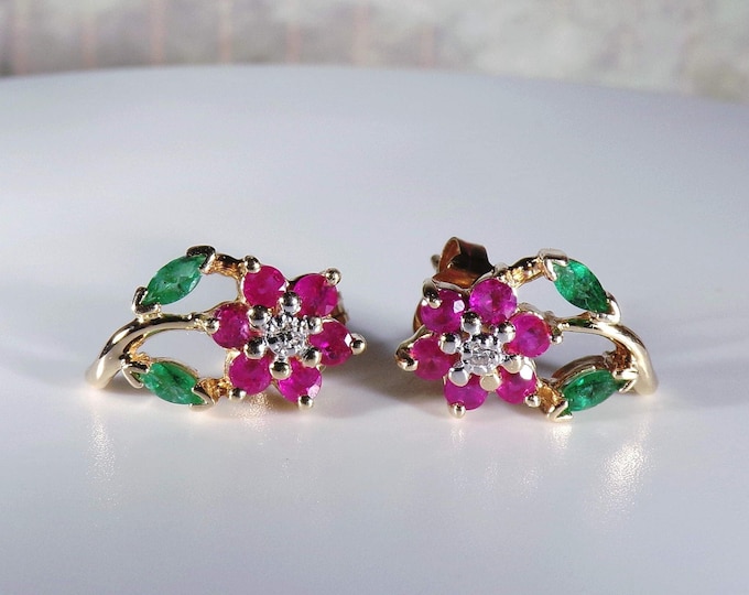 Vintage 14K Yellow Gold Ruby & Diamond Flowers w/ Green Emerald Leaves Pierced Stud Earrings - Genuine Gemstones - Christmas Flower Earrings