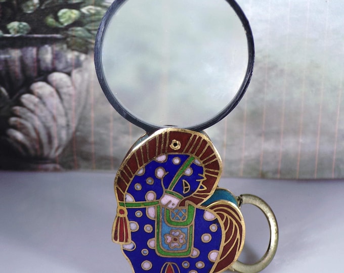 Cloisonne Magnifying Glass & Keychain – Cloisonne Brass and Enamel Horse Design Outer Case – 2" Magnifying Glass – Vintage Magnifying Glass
