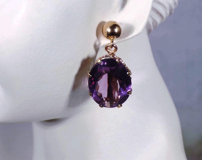 Amethyst Earrings – 14k Yellow Gold Drop Dangle Amethyst Gemstone Earrings – Genuine Amethysts - Pierced Earrings – Vintage Earrings