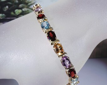 Gold Vermeil Multicolor Semi Precious Gemstones Bracelet - Blue Topaz Amethyst Citrine Garnet Gemstones - Vintage Tennis Bracelet