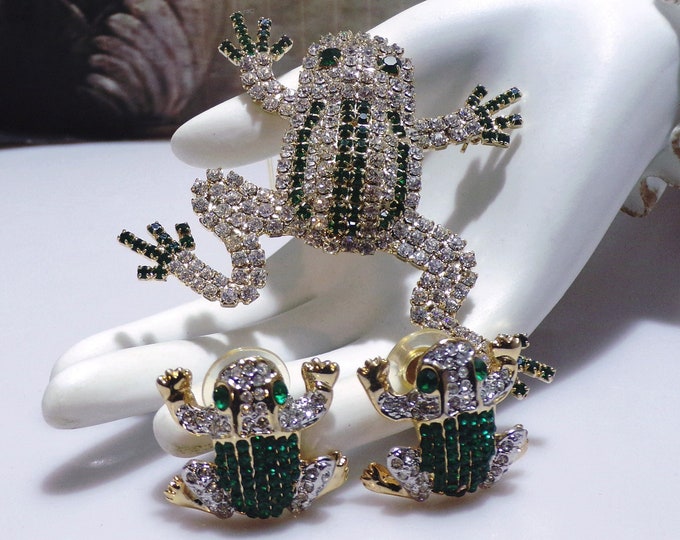 Rhinestone Frog Brooch and Earrings Jewelry Set, Green and White Frogs, Frog Brooch, Frog Pierced Earrings, 1990s Jewelry Set, Vintage Set