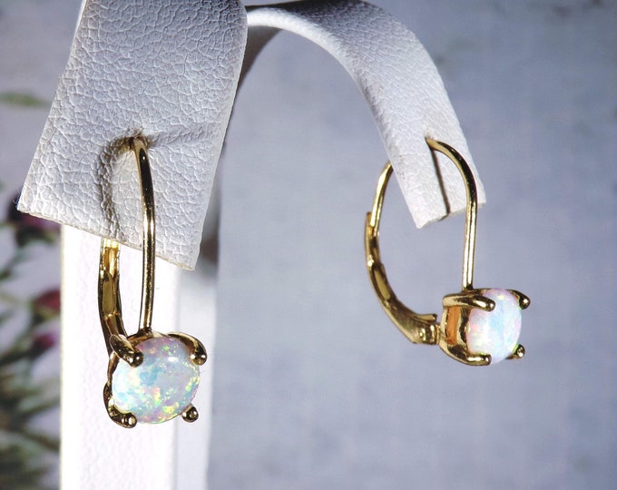 Gold Vermeil Opal Lever-Back Earrings – Round 6MM Button Opal Gemstones – Sterling Silver Base Metal – Pierced Earrings – Vintage Earrings