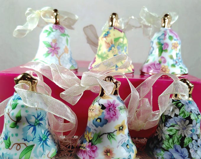 Vintage Chintz Floral Bell Ornaments - Twos Company Set of 6