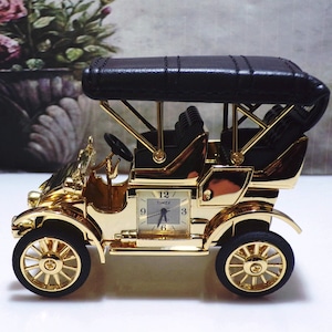 Timex Antique Gold-Plated Metal Model T with Gold Accents and Black Leather Seats Miniature Clock - Collectible Desktop Clock (NOS)