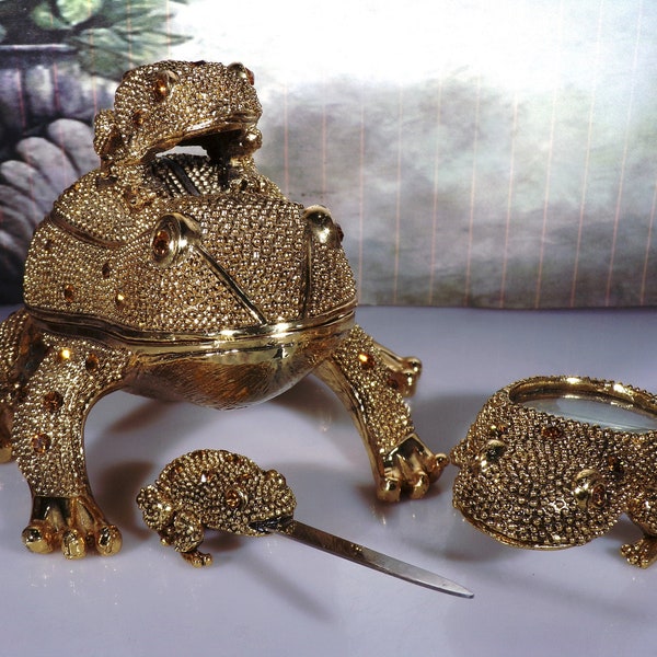 Brass Frogs - Vintage BOMBAY COMPANY Frog Desk Set, 3 Piece Bejeweled Desk Set - Letter Opener - Magnifying Glass - Trinket Box