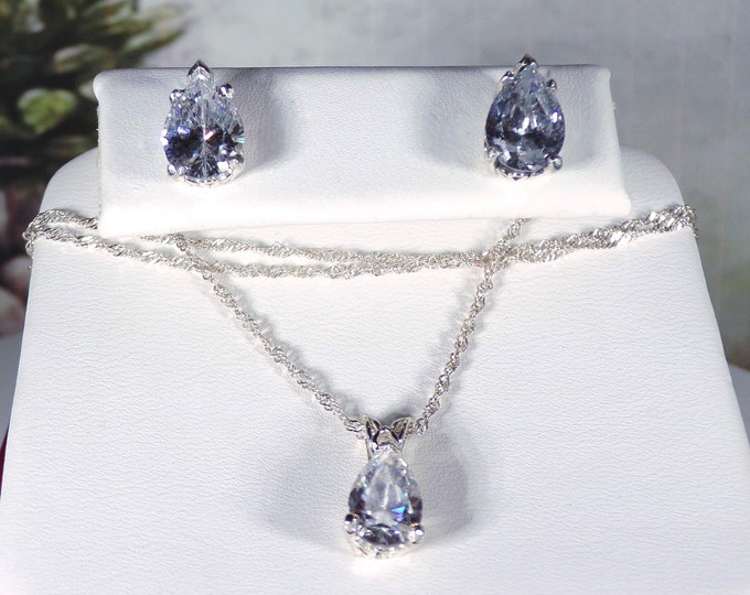 Sterling Silver Art Deco Pear Shaped CZ Gemstone Jewelry Set, 5 CTW Stud Earrings, 1.5 CT Solitaire Necklace, 20” Twisted Diamond Cut Chain
