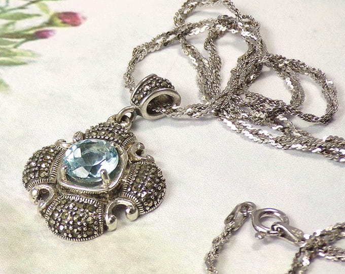 Necklace – Blue Swiss Topaz with Marcasite – 925 Sterling Silver - Vintage