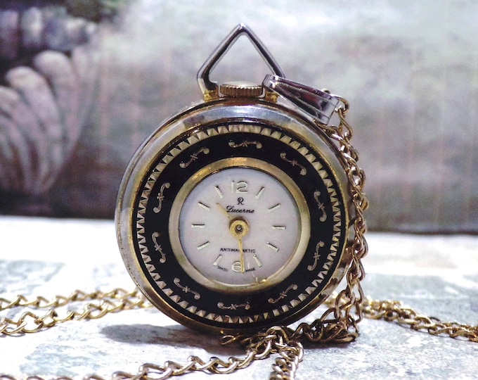 LUCERNE Black and Gold Enamel Pendant Watch – Womens Pendant Watch – Mechanical Watch – Wind Up Watch – Vintage Pendant Watch