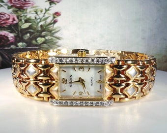 GRUEN Womens Wrist Watch – 3 Tone Gold Watch – Crystal Accents – Quartz Wristwatch – Analog Wristwatch – 1980s Jewelry – Vintage Wristwatch