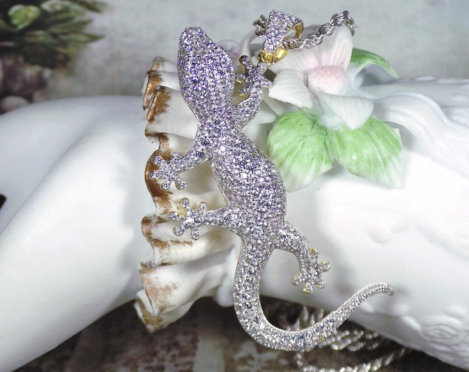 Sterling Silver CZ Gecko Lizard Necklace – 24 Inches Twisted 2mm Sterling Silver Chain – Gecko Lizard Pendant – Pave CZ Encrusted Lizard
