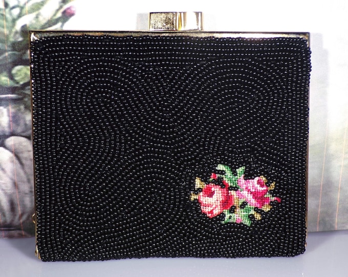 Vintage Wallet – SCHILDKRAUT Black Beaded with an Embroidered Floral Applique – Gift for Women – Gift for Her