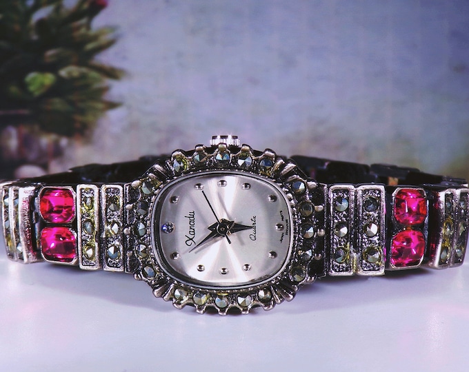 XANADU Women’s Wristwatch, Multi Glass Gemstone Wristwatch, Blue Pink and White Emerald Cut Glass Gemstones and Marcasite, Brass Watch, NOS