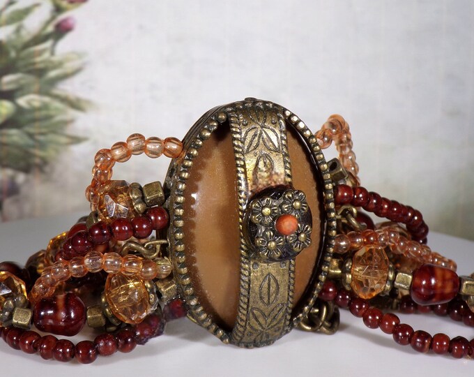 Victorian Revival Beaded Brass Bracelet, Roughly Made, Garnet and Citrine Colored Glass Beads, Brass Etched Design Work, Vintage Bracelet