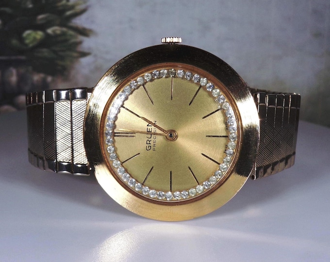 Wrist Watch – Gruen Precision Unisex Mechanical Wristwatch – Circa 1960s – Gold Wash with a Crystal Halo – Stretch Band – Vintage Wristwatch