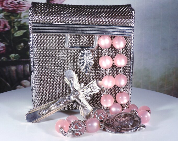 Antique Silver Rosary Case and Sterling Silver Pink Beaded Italian Made Rosary, Miraculous Medal Case, Our Lady of Mt. Carmel Cross Rosary