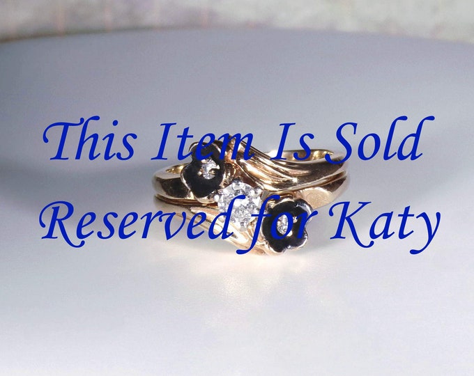 Reserved for Katy 9th and Final Payment: Bridal Ring Set – 14K Gold .30 CTW Diamond Ring Set w/2 Black Enamel Flower Accents – Wedding Rings