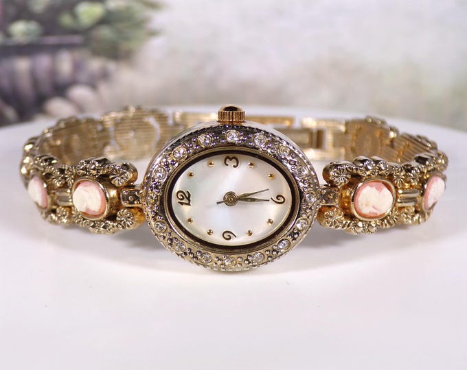 Cameo Wrist Watch - Womens Christian Benet Victorian Style Gold Toned Cameo Quartz Wristwatch