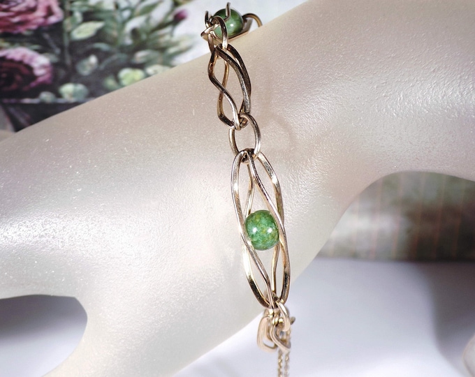 Krementz Bracelet, 12K Yellow Gold-Filled Caged Jade Bracelet, Green Jade Caged Balls, Yellow Gold-Filled Bracelet, Vintage 1950’s Bracelet