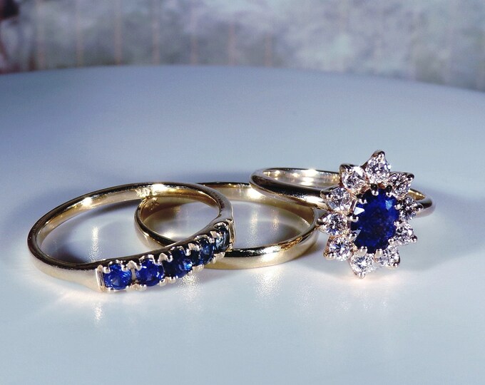 Bridal Ring Set, Romantic Sapphire and Diamond Bridal Ring Set, Engagement Ring, Wedding & Anniversary Bands, Size 6.25, FREE SIZING!!