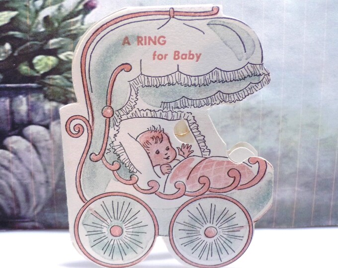 10K Baby Infant Ring attached to a Vintage 1940s Baby Shower Greeting Card by PHILIPS, Vintage Baby Ring, Vintage Baby Shower Card