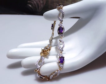 ROSS SIMONS Gold Vermeil Purple Amethyst Dainty Bracelet, Genuine Amethyst Gemstone, Silver & Yellow Gold-Plated Bracelet, Vintage Bracelet