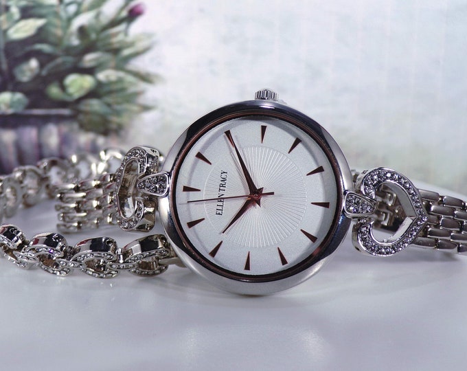 Womens Wrist Watch & Bracelet – Stainless Steel Wristwatch with Matching Bracelet – CZ Hearts – Rose Gold Accents – Vintage Watch Set (NOS)