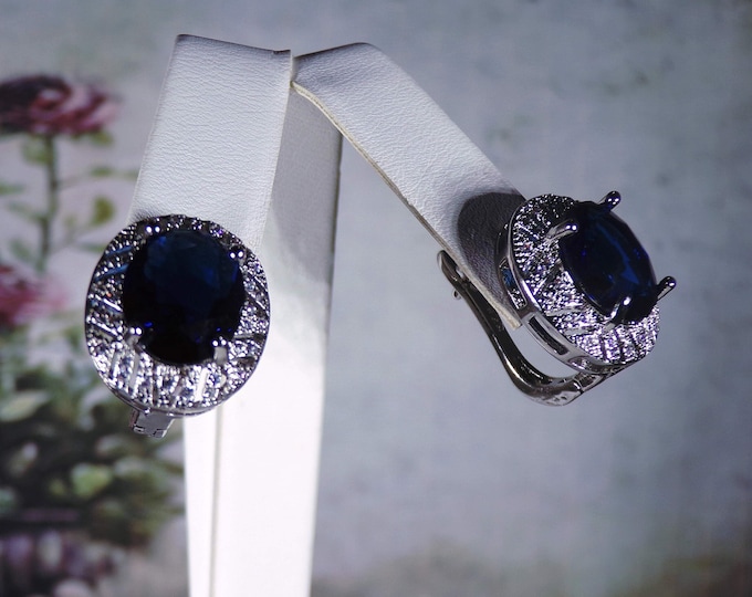 Art Deco Sterling Silver Synthetic Blue Sapphire & CZ Accents Post Earrings – Geometric Design – Lever back Closures – Vintage Earrings(NOS)