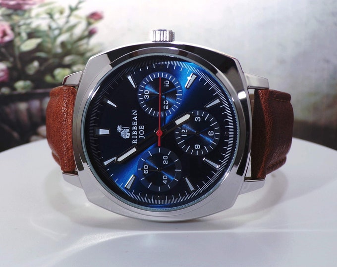 Carribean Joe Mens Faux Chronograph Wrist Watch – Sapphire Blue Face – Leather 10 Inch Brown Band – Quartz Watch – Vintage Watch (NOS)