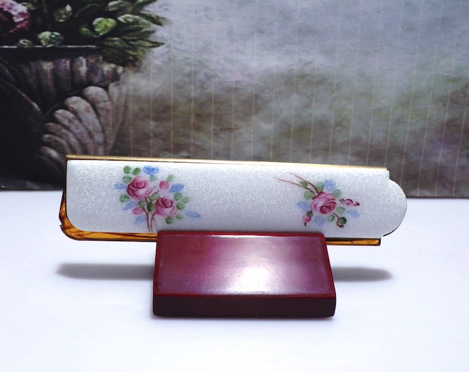 Guilloche Enamel & Hand Painted Floral Folding Comb - Delicate Pink Flowers - Tortoise Comb - Vintage Folding Comb - Purse/Handbag Accessory