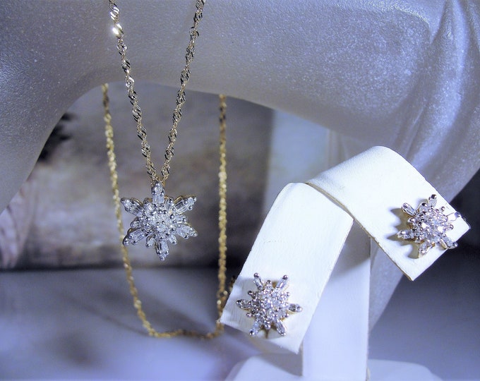 Jewelry Set 14K Yellow Gold Genuine Diamond Snowflake Design Necklace and Earrings Jewelry Set - 14K Yellow Gold Vintage Necklace & Earrings