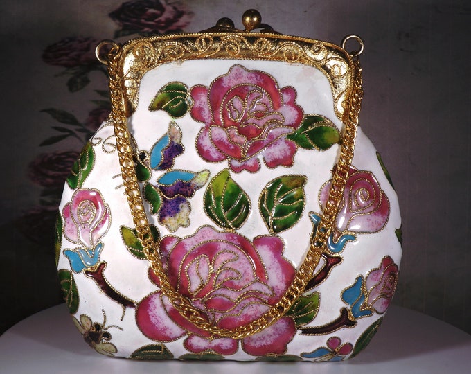 Purse Ornament - Christmas Ornament - Embellished Cloisonne Enamel Purse Ornament with Floral Design Throughout - Vintage Home Decor Purse