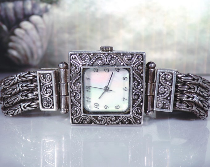 Sterling Silver Women’s Wrist Watch, Indonesia Watch, 925 Sterling Silver, Mother of Pearl Face, Quartz Watch, Vintage Wrist Watch