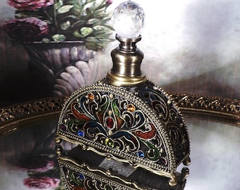 Perfume Bottle - Two&#39;s Company Bejeweled Brass Cloisonne Enamel Perfume Decanter Bottle w/Glass Faceted Stopper - Vintage Perfume Bottle