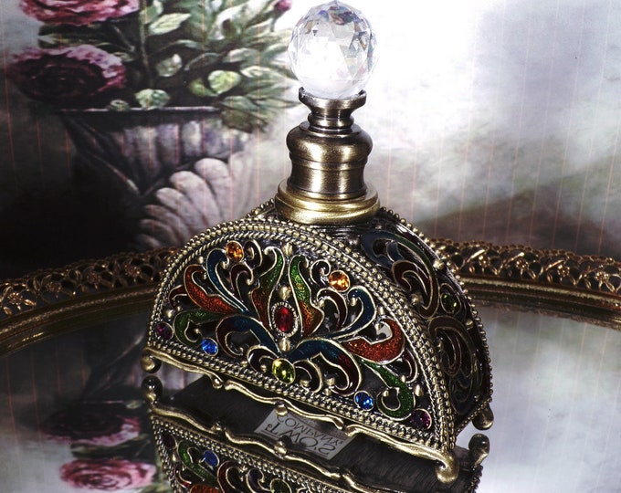 Perfume Bottle - Two's Company Bejeweled Brass Cloisonne Enamel Perfume Decanter Bottle w/Glass Faceted Stopper - Vintage Perfume Bottle