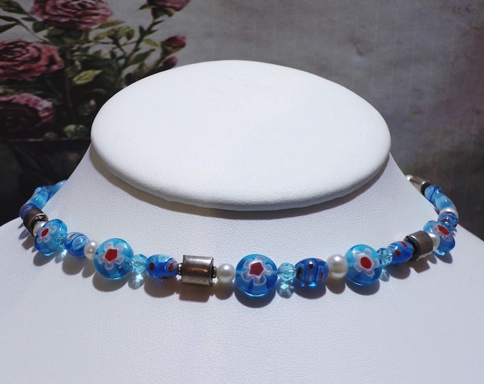 Italian Light Blue Millefiori Murano Art Glass & Pearl Beaded Necklace – 17 Inches – Silver Beads - Lobster Clasp Closure – Vintage Necklace