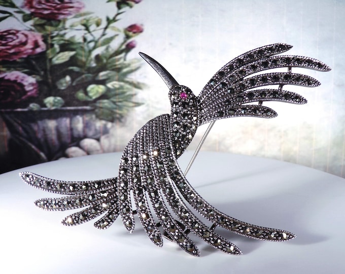 Vintage Sterling Silver Hummingbird Marcasite Brooch – Ruby Red Glass Eye – 3 Inch Wingspan – Marcasite Encrusted - Vintage Brooch