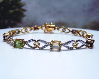 ROSS SIMONS Gold Vermeil Multicolor Semi Precious Gemstone and Open-Heart Design Bracelet, Topaz Amethyst Citrine Garnet Peridot Aquamarine