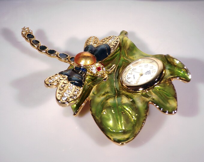 Desk Clock Paperweight, Waterbury Clock Co. Presented by Timex Miniature Rhinestone & Enamel Dragonfly and Green Leaf Desk Clock Paperweight