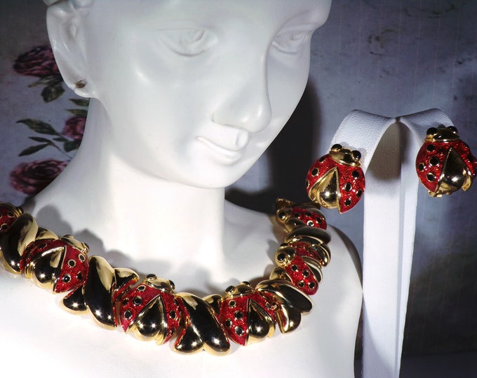 Enamel Jewelry Set - Red & Black Ladybug Choker Necklace and Clip On Earrings - Hugs and Kisses Ladybug Jewelry Set - Vintage Jewelry Set