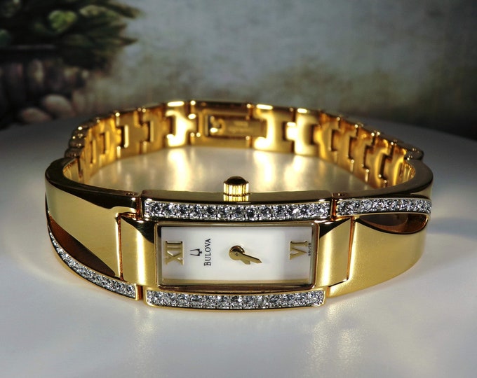 Elegant BULOVA Womens Wrist Watch, Yellow Gold-Plated with Streaming Swarovski Crystal Accents, Sleek and Stunning, Vintage Watch