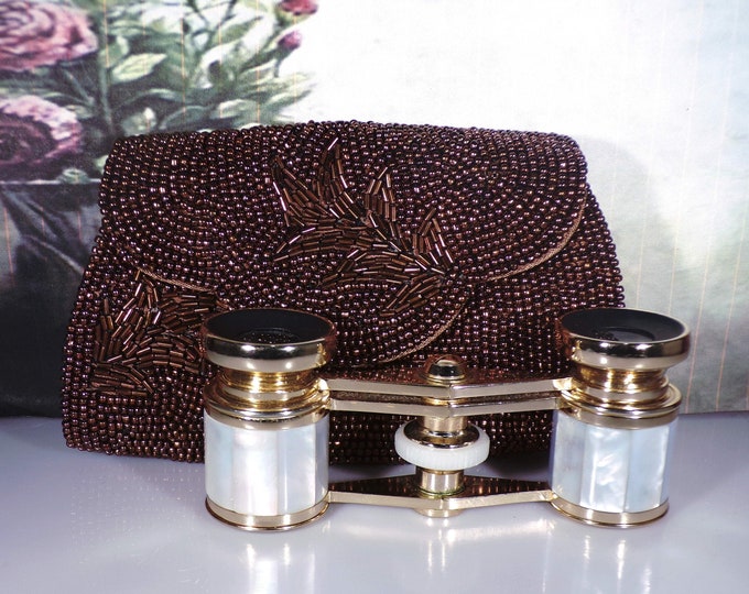 Opera Glasses & Micro Beaded Purse - Mignon Mini Opera Glasses w/ Lovely Copper Brown Micro Beaded Purse - Vintage Opera Glasses Purse Set