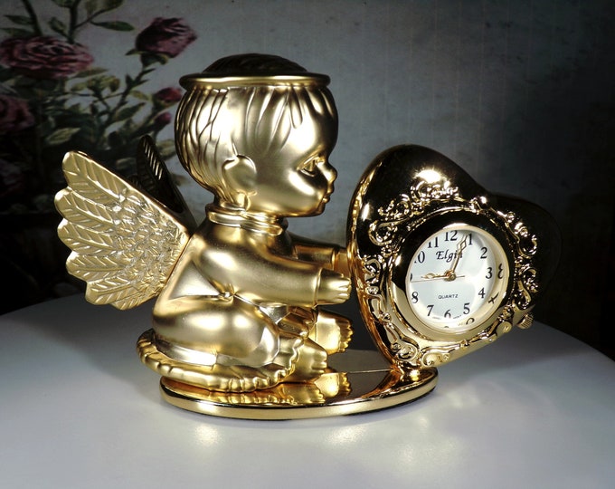 ELGIN Miniature Clock, Cupid Angel Holding Heart Clock in its Original Box, Gold Cupid Angel, Gold Heart Clock, Vintage Miniature Clock-NOS