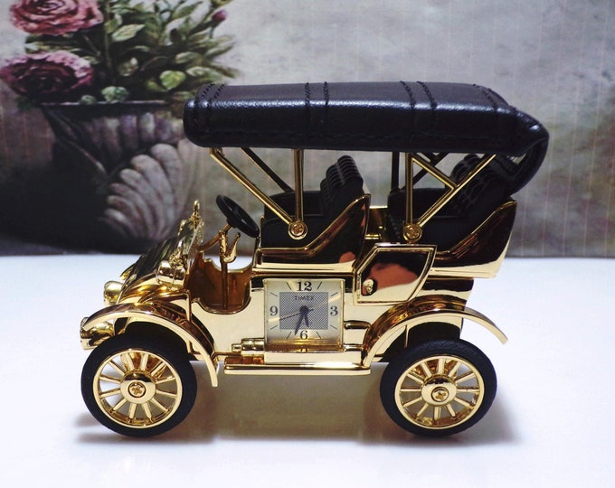 Timex Antique Gold-Plated Metal Model T with Gold Accents and Black Leather Seats Miniature Clock - Collectible Desktop Clock (NOS)