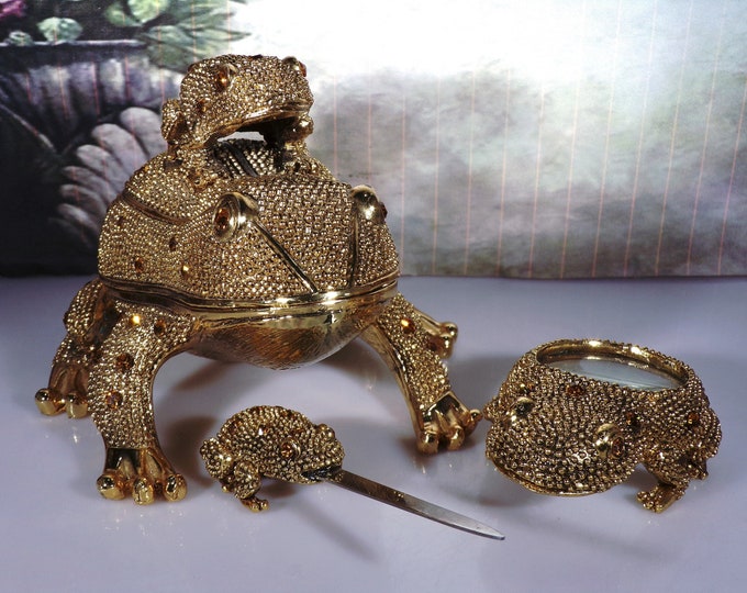 Brass Frogs - Vintage BOMBAY COMPANY Frog Desk Set, 3 Piece Bejeweled Desk Set - Letter Opener - Magnifying Glass - Trinket Box