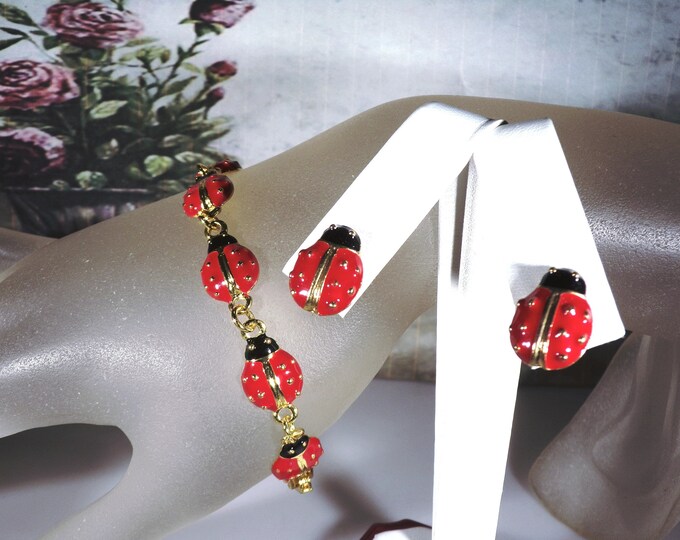Red Black & Gold Enamel Ladybug Bracelet and Earrings Jewelry Set, Pierced Earrings, Link Bracelet, Vintage Ladybug Jewelry Set