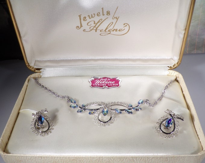 Star Art Jewelry Set - Jewels by Helene Designer - Necklace & Screw Back Earrings Set - Aurora Borealis Rhinestones - Vintage Jewelry Set