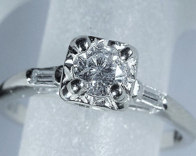 Engagement Ring, 14K White Gold Diamond Ring, .33ct Genuine Diamond, 2 Baguette Accents Stones, Vintage Ring, Size 6.75, FREE SIZING!!