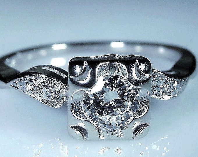 Engagement Ring, Vintage 14K White Gold Diamond Ring, Genuine .31 CT Diamond, Size 6.5, FREE SIZING!!