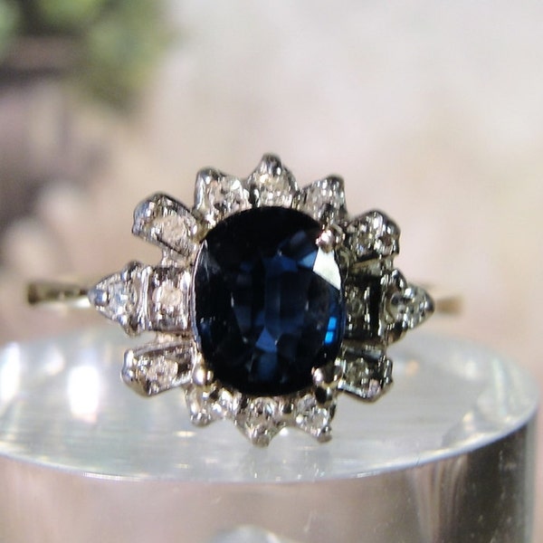 Reserved for Pooneh - 1st Payment: 1950s, 14K Gold Ring, Art Deco Ring,Natural Sapphire, 14 Genuine Diamonds, Vintage Ring – Size 6.5